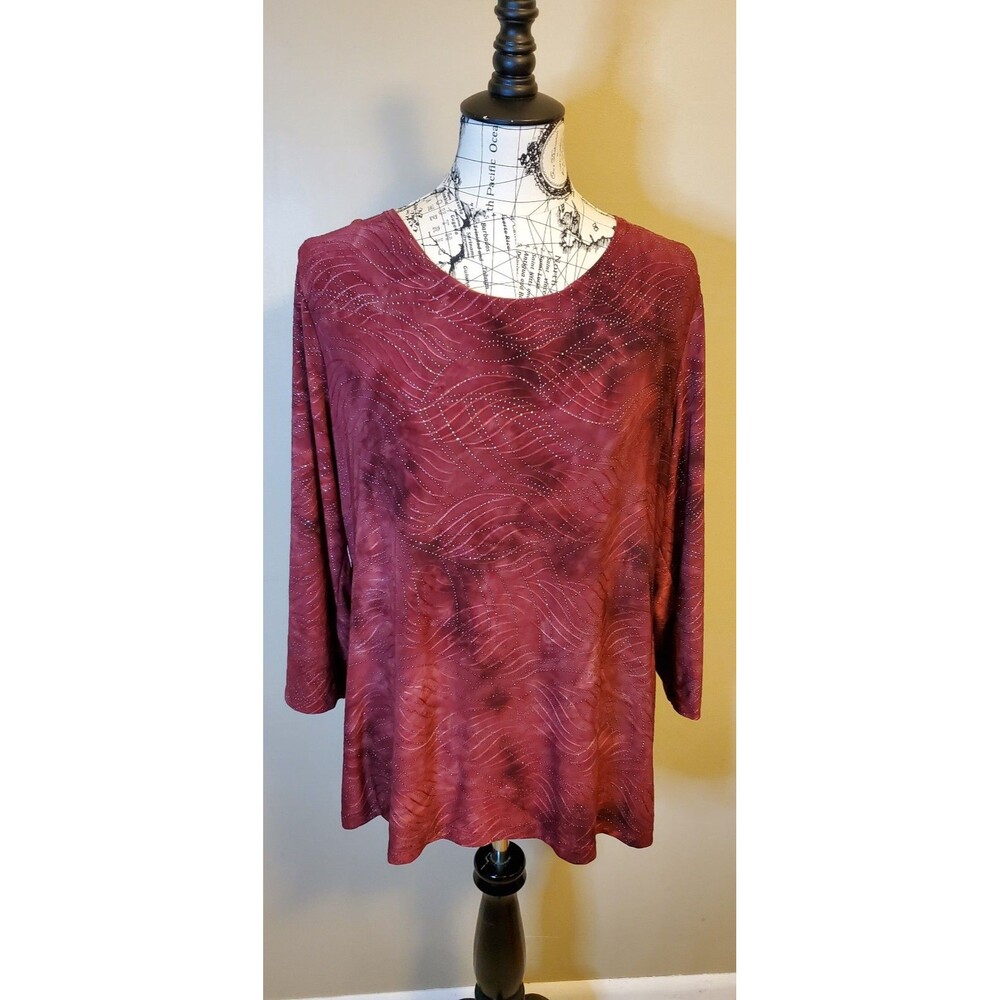 JM Collection Large Women’s Wine Burgundy Studded Blouse 3/4 Sleeve Stretch